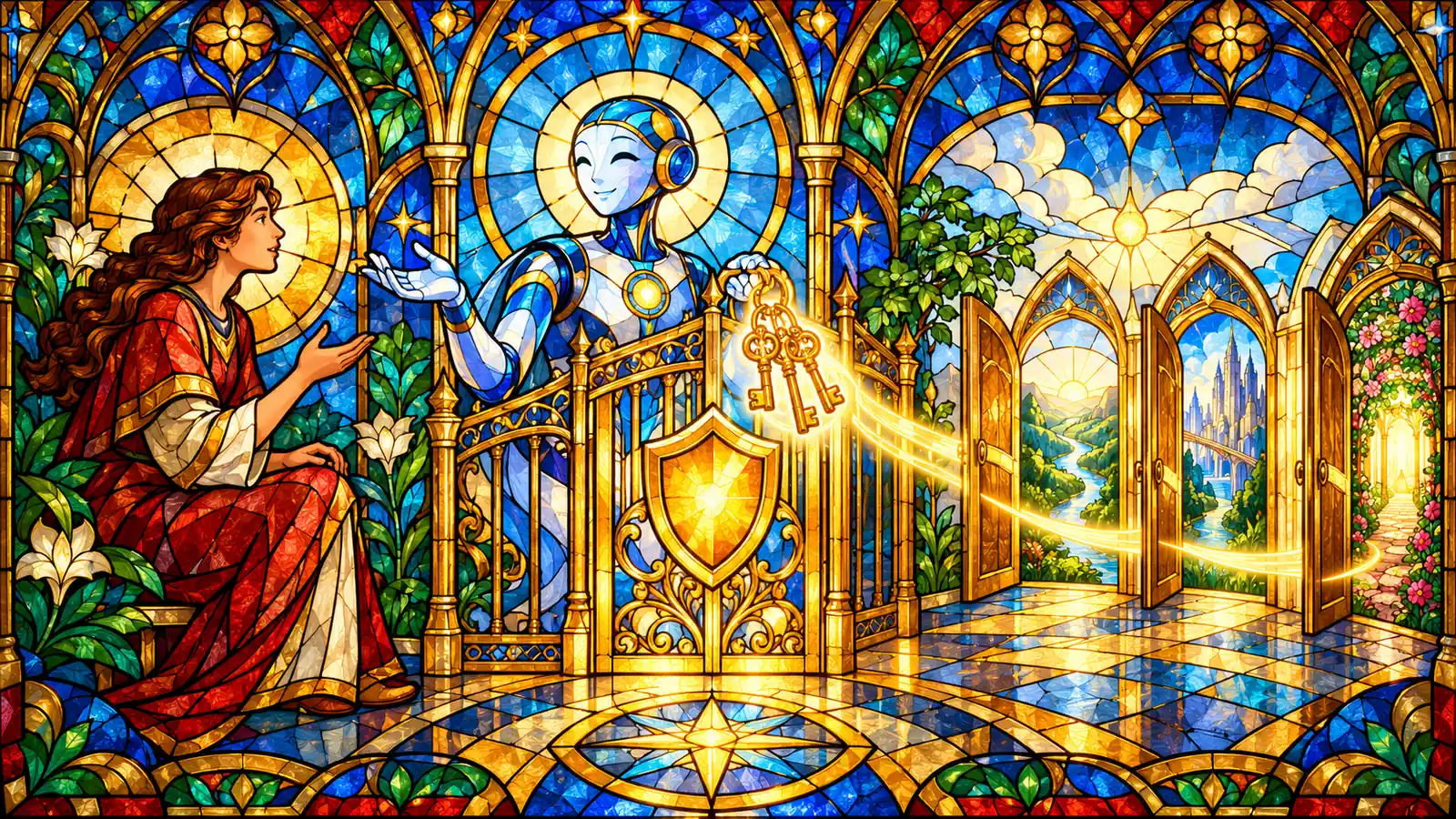 A stained-glass window illustration in sapphire, ruby, emerald, and gold, with no text. A person on the left speaks to a friendly glass assistant figure, which holds a set of golden keys only through an ornate gate marked with a shield; beyond the gate, arched doors open onto bright landscapes, suggesting an assistant that asks while the gate of policy decides.