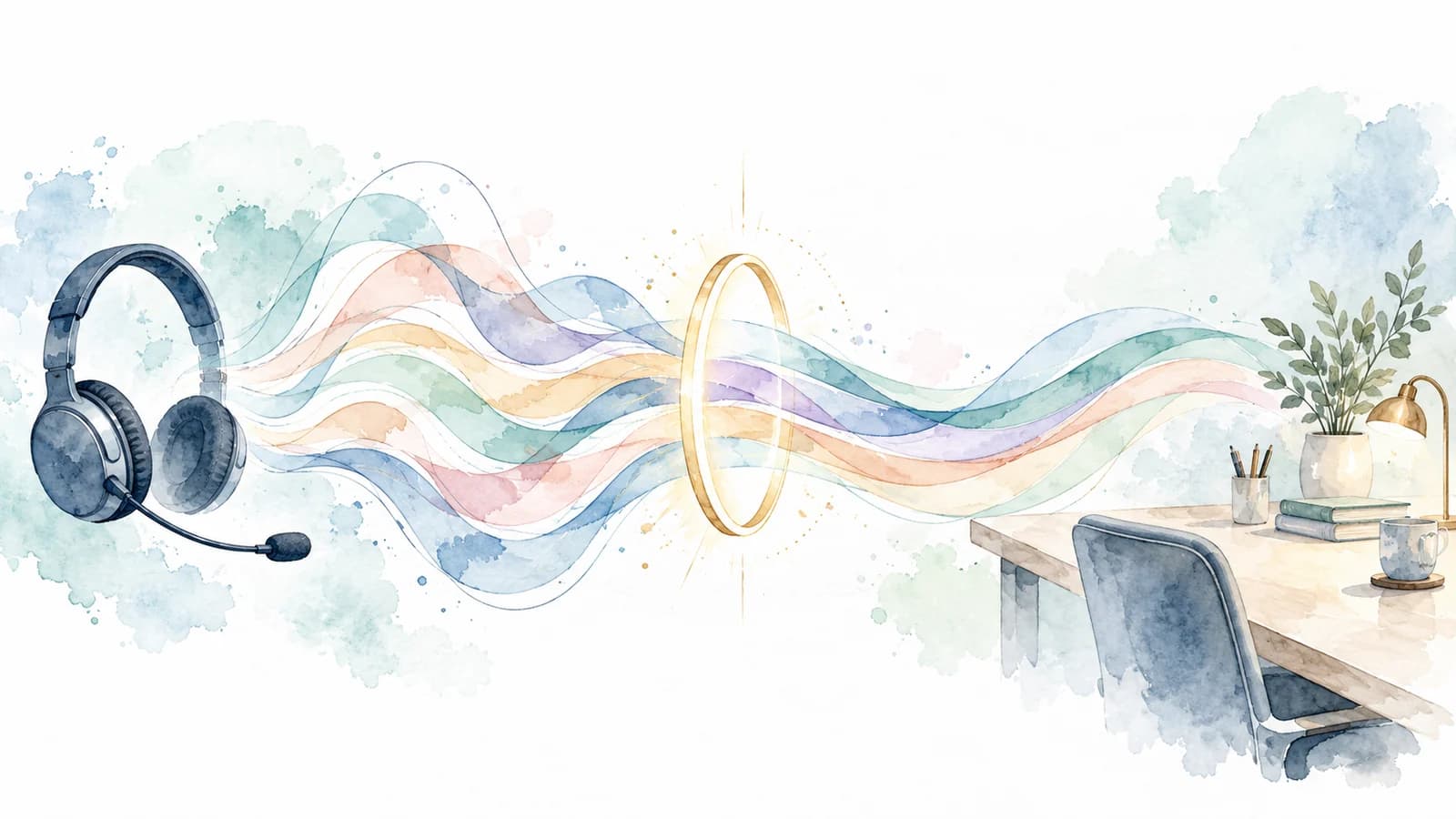 A soft watercolor illustration in pale blue, teal, lavender, and peach on white, with no text. Flowing ribbons of sound stream from a headset with a boom microphone on the left, pass through a glowing gold ring at the center, and drift toward a calm desk with a chair, plant, lamp, books, and mug on the right, suggesting an incoming call verified before it reaches the help desk.