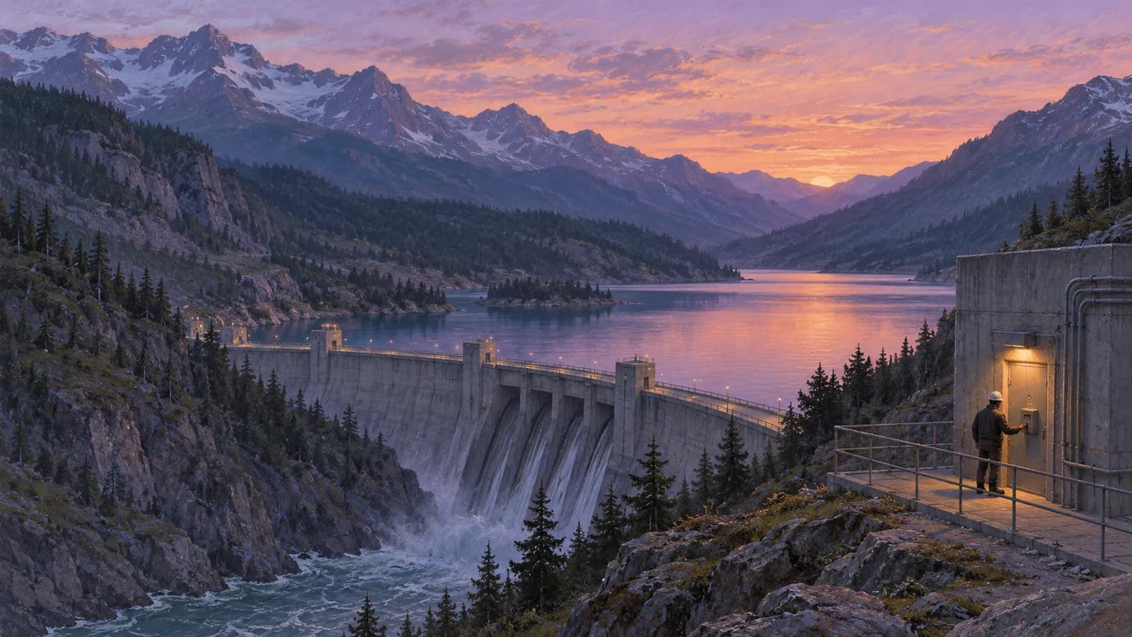 A soft pastel drawing of a remote hydroelectric dam in a mountain valley at dusk, in lavender, dusty teal and peach, with no text. Far from any town or cell tower, a lone engineer in a hard hat stands at the lit steel door of the dam's control building, reaching for a wall-mounted sign-in panel.