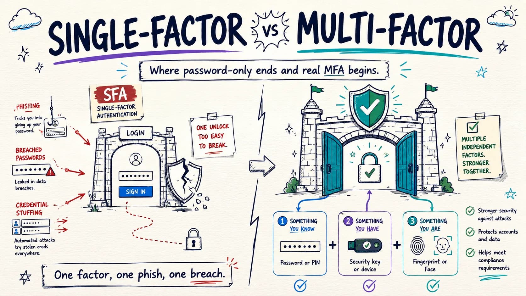 Hand-drawn whiteboard comparison titled Single-Factor vs Multi-Factor, where password-only ends and real MFA begins: a cracked single-gate castle marked SFA beset by phishing, breached passwords, and credential stuffing, against a fortified multi-gate castle combining something you know, something you have, and something you are, with checkmarks for stronger security and compliance.