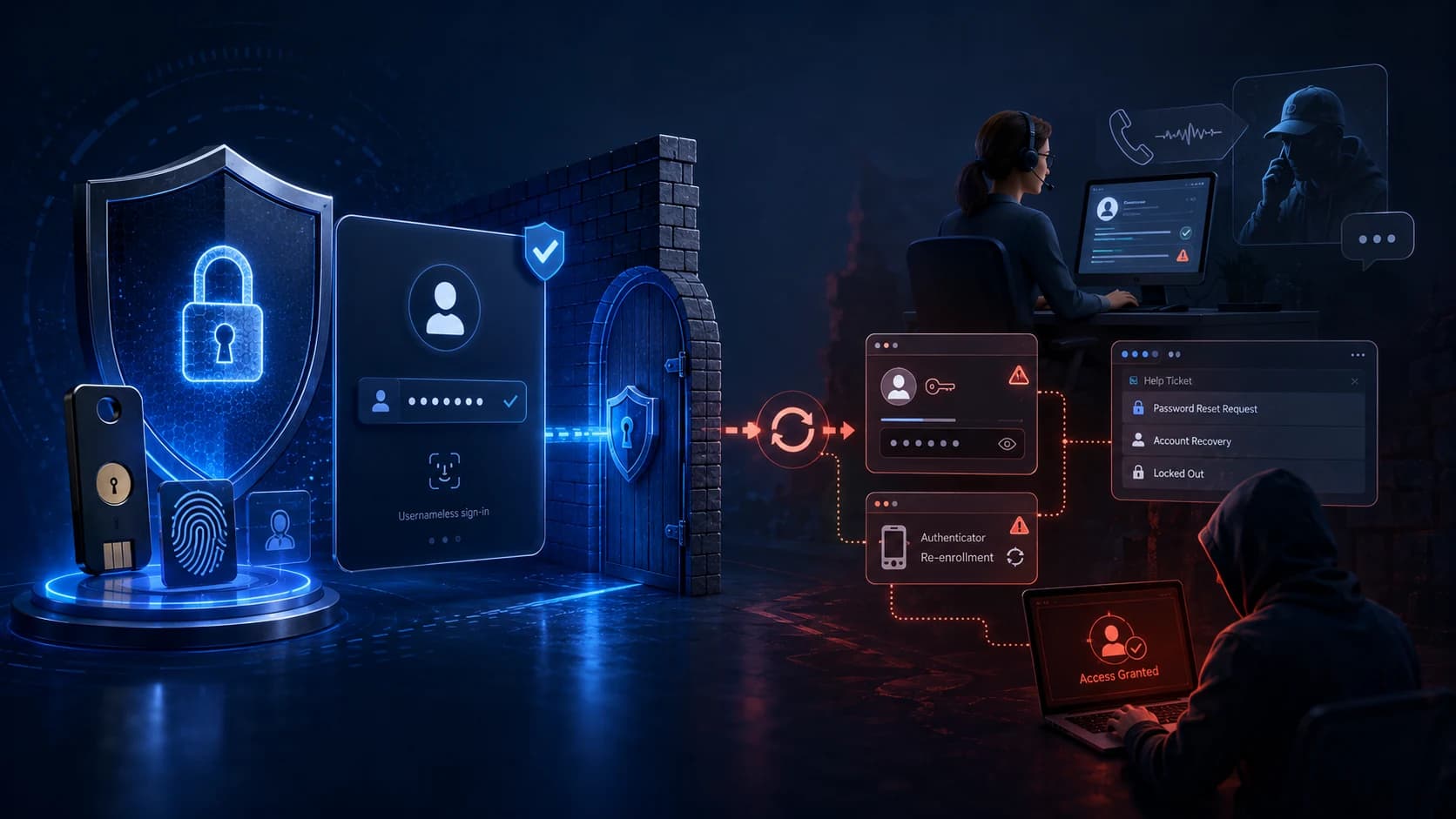 The authentication architecture gap that phishing-resistant MFA does not close — service-desk recovery flows, password reset workflows, and human-touchpoint verification, where 2026 attackers are landing instead of attacking the credential directly.