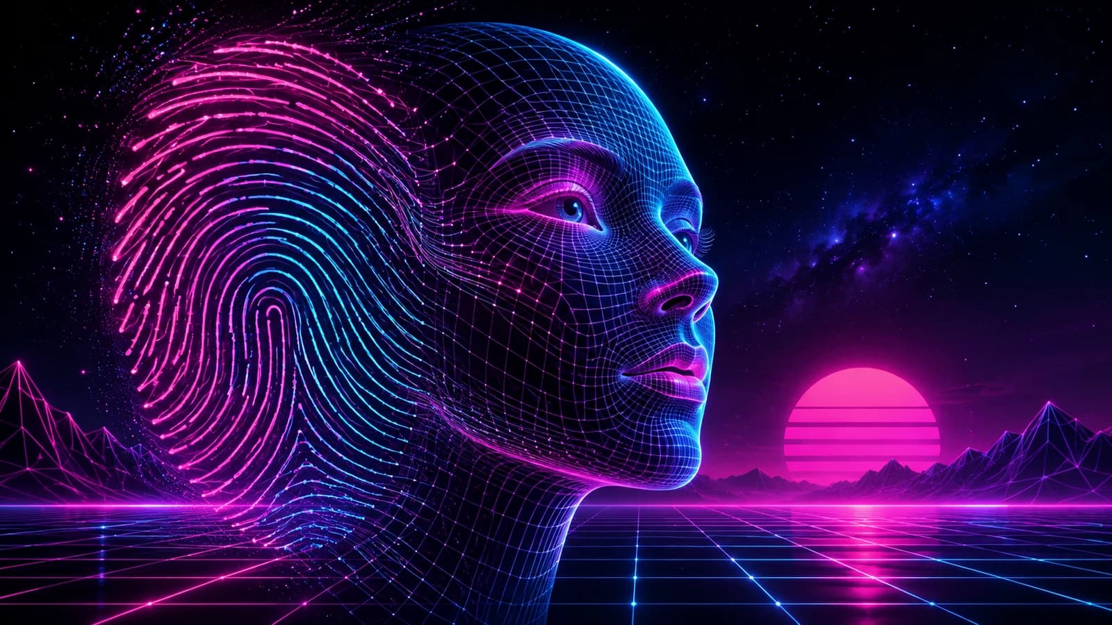 Abstract dark-navy composition symbolizing AI-driven biometric authentication — translucent scan-ring patterns suggesting face and iris geometry dissolving into a flowing data-signal waveform, cyan and green light trails converging toward a soft violet glow lower right, no readable text.