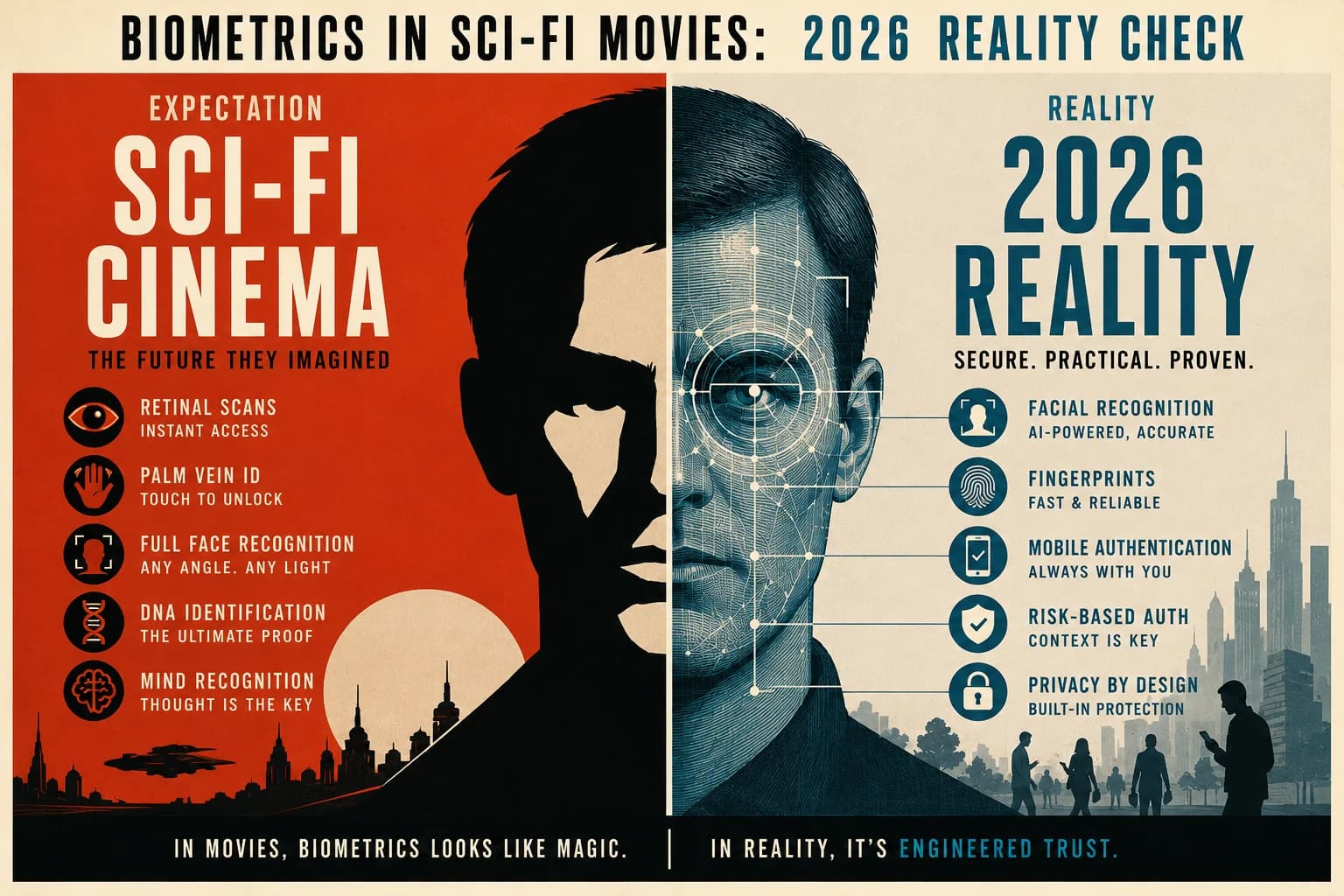 Biometrics in sci-fi movies a 2026 reality check — six decades of cinematic biometric authentication (Minority Report iris scanning, Mission Impossible retinal locks, Gattaca DNA verification, Blade Runner Voigt-Kampff testing, Demolition Man thumbprint cryogenic identity, Her voice-bound ambient identity), what sci-fi got right (ubiquity and seamlessness), what sci-fi got hilariously wrong (the dramatic infrastructure, the absence of cryptographic ceremonies, the lack of consent frameworks), and what workforce biometric authentication actually looks like in 2026 (Touch ID, Face ID, Windows Hello, passkeys, hardware FIDO2 keys, deviceless Identity Challenge Card).