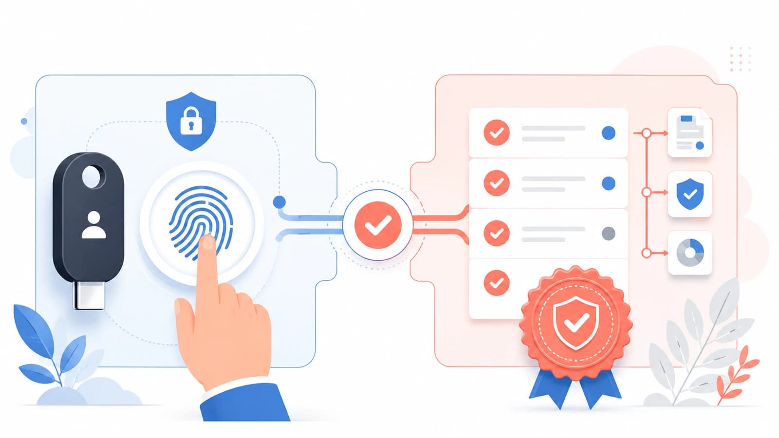 Split illustration of a hand authenticating with a fingerprint sensor beside a FIDO2 security key on the left, connected through a central verification checkmark to a right-hand panel of four checked compliance line items and a red certification seal with ribbons, representing a passwordless authentication event becoming reviewable compliance evidence.
