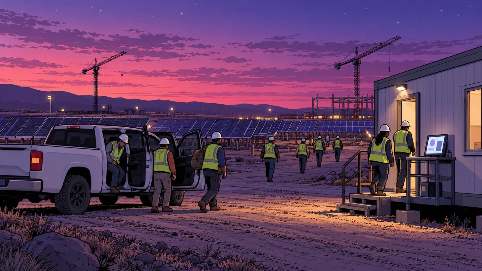 A ligne claire graphic-novel illustration in violet, lilac, magenta and plum at dusk, with no text. At a solar-farm construction site under a twilight sky, a contractor crew in hard hats climbs out of a pickup and walks toward a lit site trailer with a sign-in computer by its door, while rows of solar panels and two cranes stretch to the horizon.