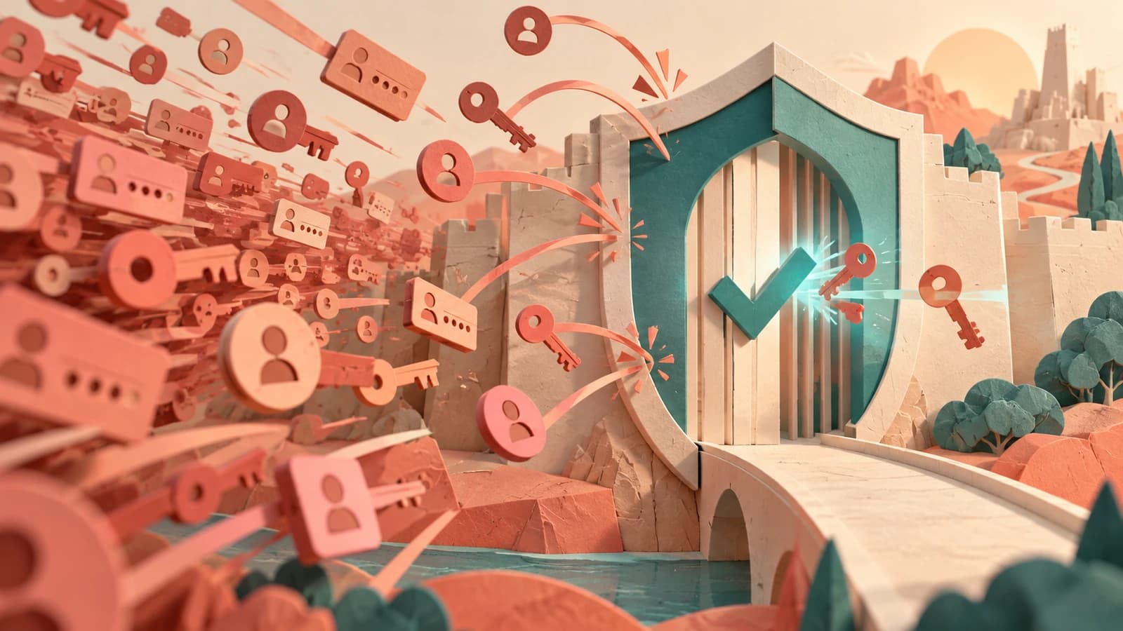 A warm paper-cut 3D scene in cream, coral and peach: a dense barrage of small coral key and credential-card tokens is fired from the left toward a teal-checkmark shield gate that deflects them, with only a couple reaching the gate, conveying automated password-reuse attacks meeting a strong defense.