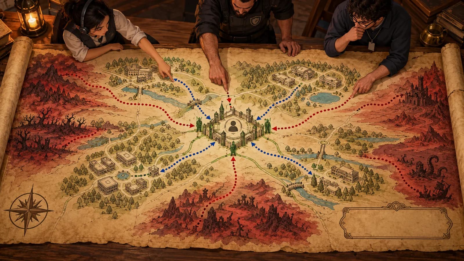 Illustrated aged-parchment map spread across a wooden table while a service-desk agent in a headset, a security lead and an analyst trace routes with their fingers. Dotted lines converge on a walled keep marked with a person icon at the center: blue routes run from a mapped office campus, red routes creep in from shaded hazard regions at the edges, and green guards stand at the gates.