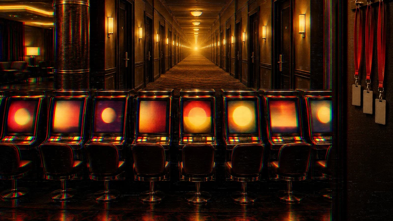 RGB-split glitch scene with no people and no text: a row of empty slot machines with warm abstract glowing screens and empty stools fills the foreground, a hotel corridor of identical doors recedes to a bright gold vanishing point behind them, and three red staff lanyards with blank tags hang on a wall rack at the right.