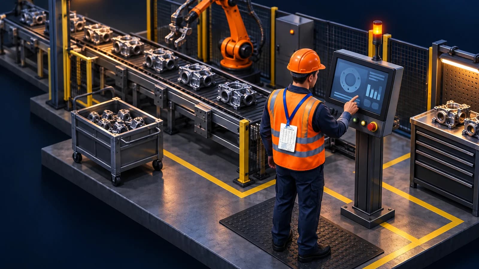 An isometric diorama of a plant floor on a dark navy ground, with no text. A line worker in a safety-orange hard hat and hi-vis vest stands at a shared operator terminal beside a conveyor of metal parts, an Identity Challenge Card hanging from a blue lanyard. An orange robotic arm, yellow floor safety lines and a parts cart fill the line behind.