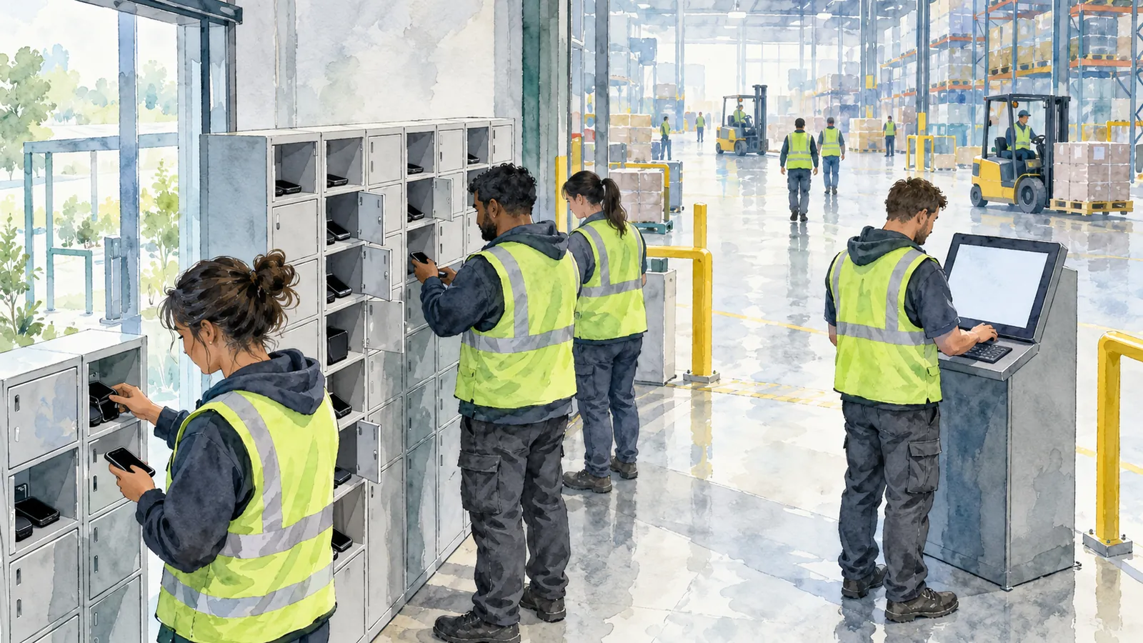 A loose watercolor and ink illustration in cool sea-glass green, slate blue and soft grey, with no text. At shift change by a warehouse floor, workers in hi-vis vests drop their phones into a wall of small lockers while one worker signs in at a shared stand-up computer kiosk, with forklifts and shelving behind them.