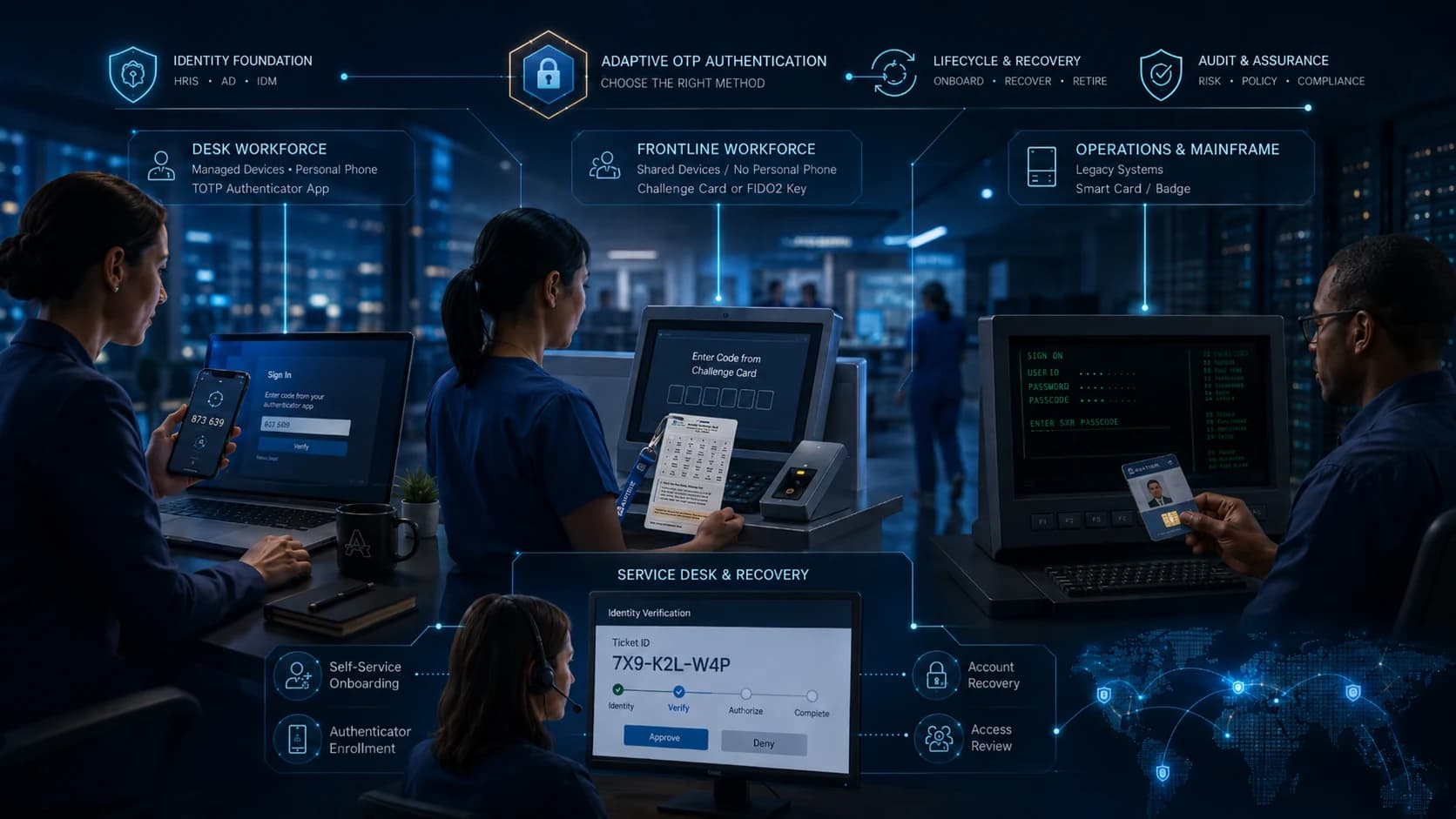 Scaling OTP authentication across a large enterprise in 2026 — workforce-segmented rollout from desk workers on TOTP authenticator apps to frontline staff on shared FIDO2 keys to mainframe operators on smart cards, with consistent service-desk identity verification across recovery flows.
