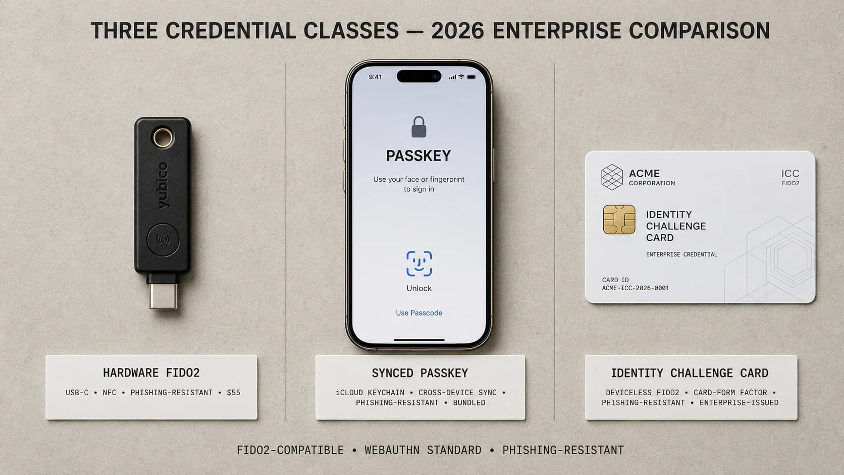 Hardware FIDO2 keys vs passkeys for enterprise 2026 — the four buyer dimensions that distinguish hardware keys from passkeys at the operational layer (portability, recovery, cost at scale, credential sovereignty), the five enterprise use cases mapped to the credential class that fits each (privileged operators favor hardware keys, distributed workforces favor synced passkeys, deviceless segments use the Identity Challenge Card, regulated environments compose multiple classes, AI agents need scoped delegation tokens), the failure modes of each, and the composition pattern that mature 2026 deployments use to cover the workforce comprehensively without forcing a single credential class across all segments.