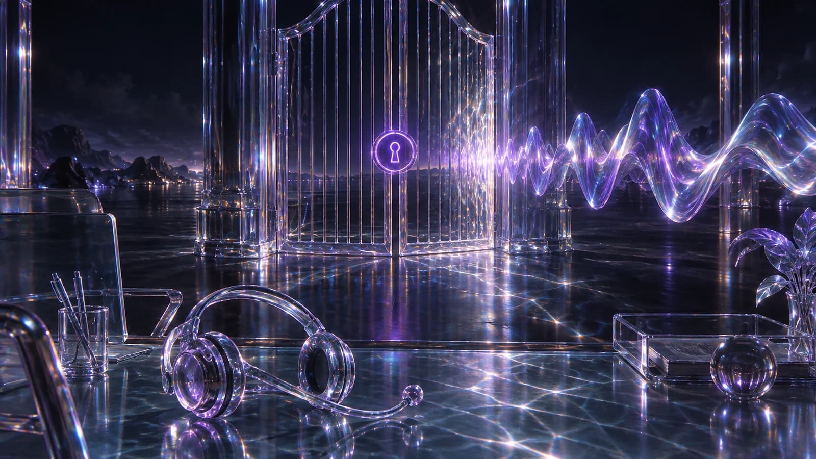 A liquid glass scene at night in violet and clear crystal, with no text. A transparent glass headset rests on a glass service desk in the foreground beside a pen cup and a tray. Beyond it a tall closed glass gate glows with a single violet keyhole lock, and an iridescent glass sound wave flows in from the right and stops against the gate.