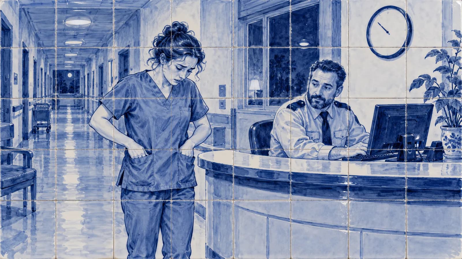 A panel of hand-painted blue-and-white Delft tiles in cobalt on white glaze, with no text. At a hospital security desk at night, a worried nurse in scrubs pats her empty pockets after losing her card, while the calm security officer behind the desk turns to his computer terminal to act on it, a long corridor behind them.