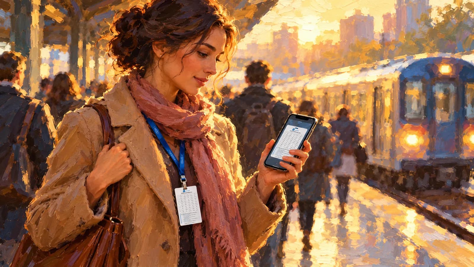A loose impressionist oil painting in warm honey gold, rose and amber, with no readable text. On a sunlit morning train platform, a commuter in a camel coat glances at her phone, which shows the white Avatier Identity Challenge Card in a mobile wallet, while the printed card hangs from her blue Avatier lanyard as a train arrives.