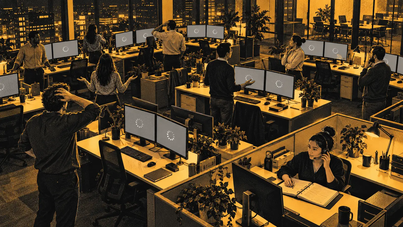 A two-tone screen print in charcoal and warm amber, with no text. An overhead view of an open-plan office at night during an outage: every monitor shows a frozen loading circle and staff stand up in confusion, while a calm help-desk agent in a headset works from an open printed runbook at a corner desk.
