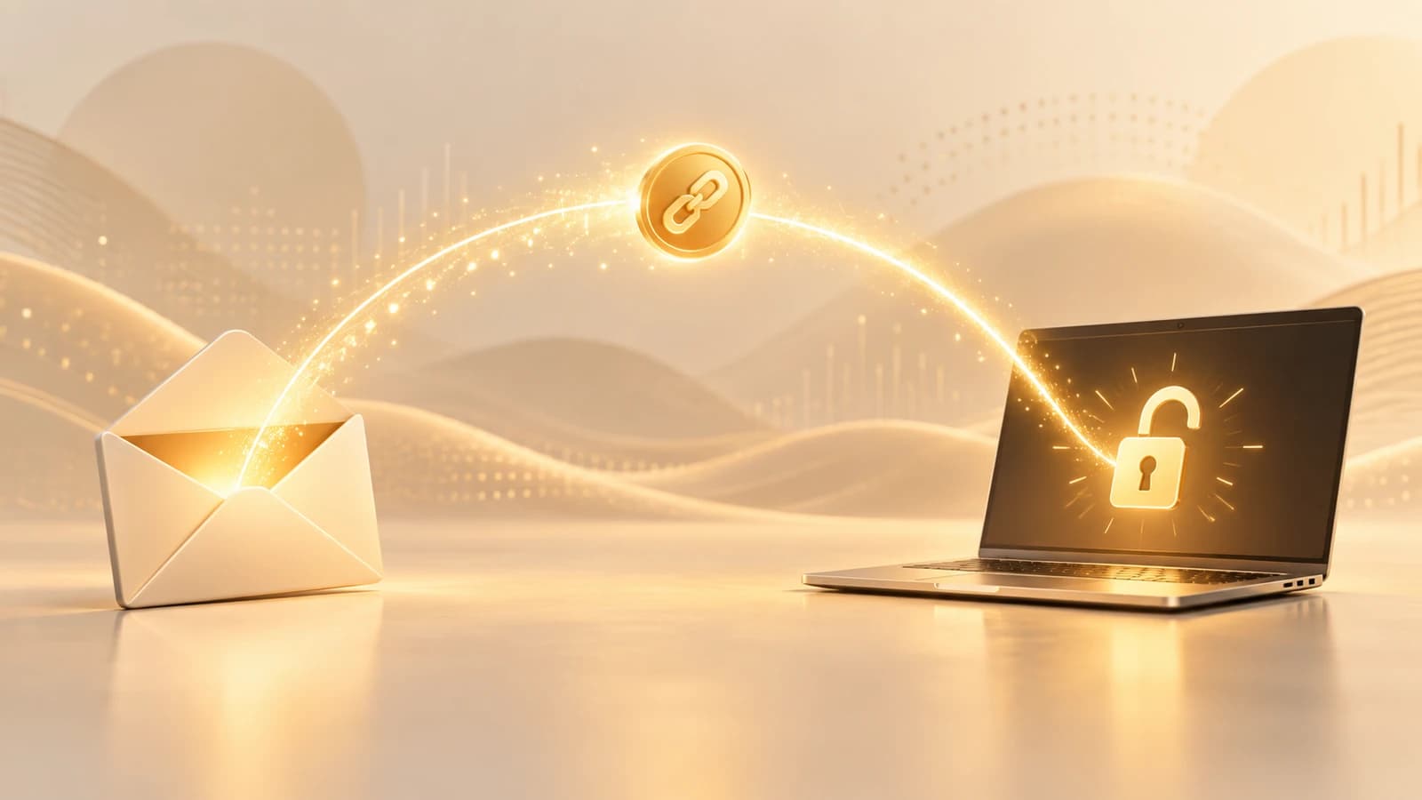 An abstract signal illustration in a warm amber-and-gold palette on a soft warm ground: a single glowing golden link token travels as a bright signal from an envelope across to a waiting device and unlocks it, conveying instant passwordless entry from an emailed one-time link.