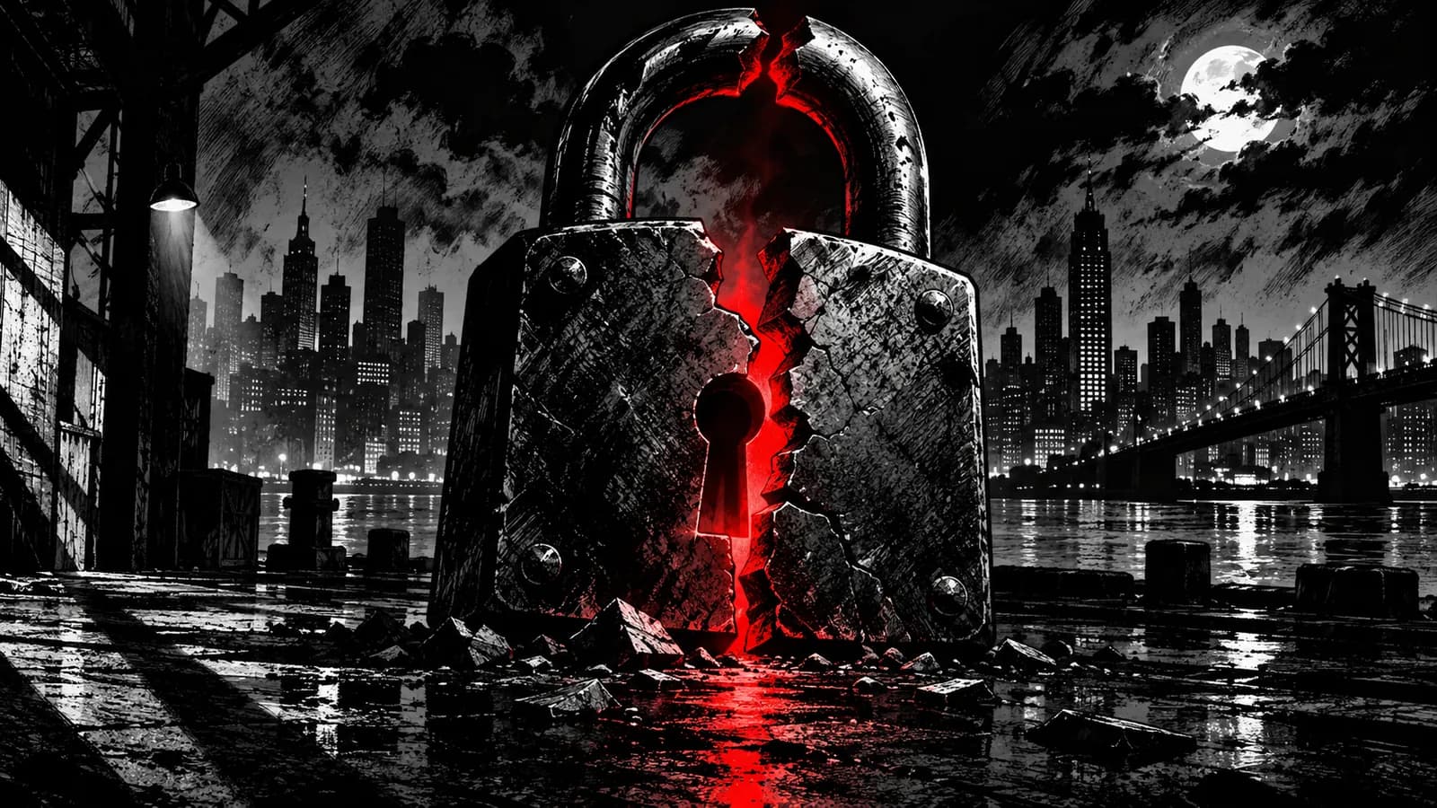 A noir ink-comic scene in high-contrast black and white with a single red spot color: a large padlock stands in the foreground, cracked down the middle with a red glow spilling out of the fracture and keyhole, set against a rain-slick, moonlit city skyline — the sense of a lock compromised from within rather than smashed open.