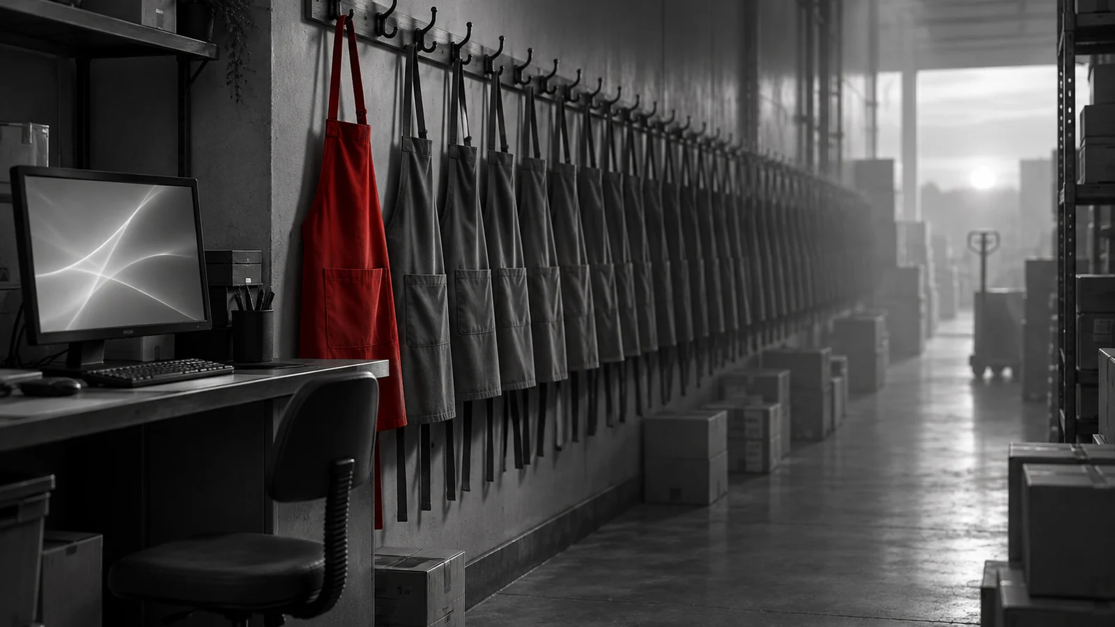 Surreal greyscale photograph of a retail stockroom at dawn: a shared back-office computer with an abstract glowing screen sits on a counter at the left, and beside it a long row of identical empty store aprons on wall hooks recedes into misty light. Only the first apron, nearest the terminal, is vivid red; shipping cartons and a pallet jack fade in the haze.