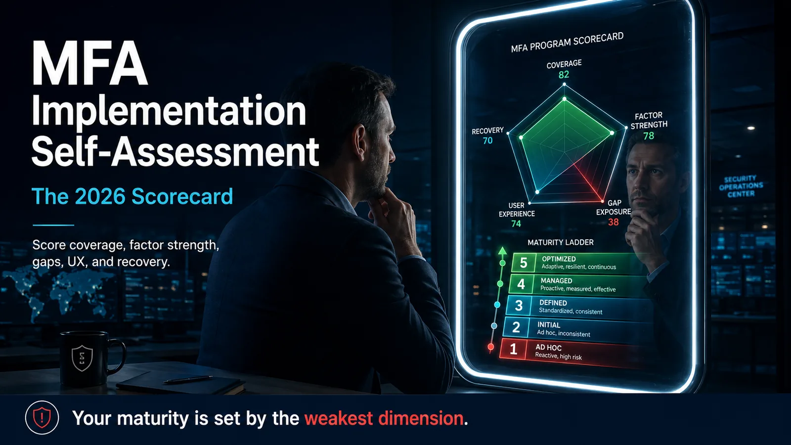 Title card for a 2026 MFA implementation self-assessment: a person studies a tablet showing an MFA Program Scorecard — a five-axis radar rating coverage, factor strength, gap exposure, user experience, and recovery, with gap exposure pulling sharply inward in red — above a five-level maturity ladder from ad hoc to optimized.