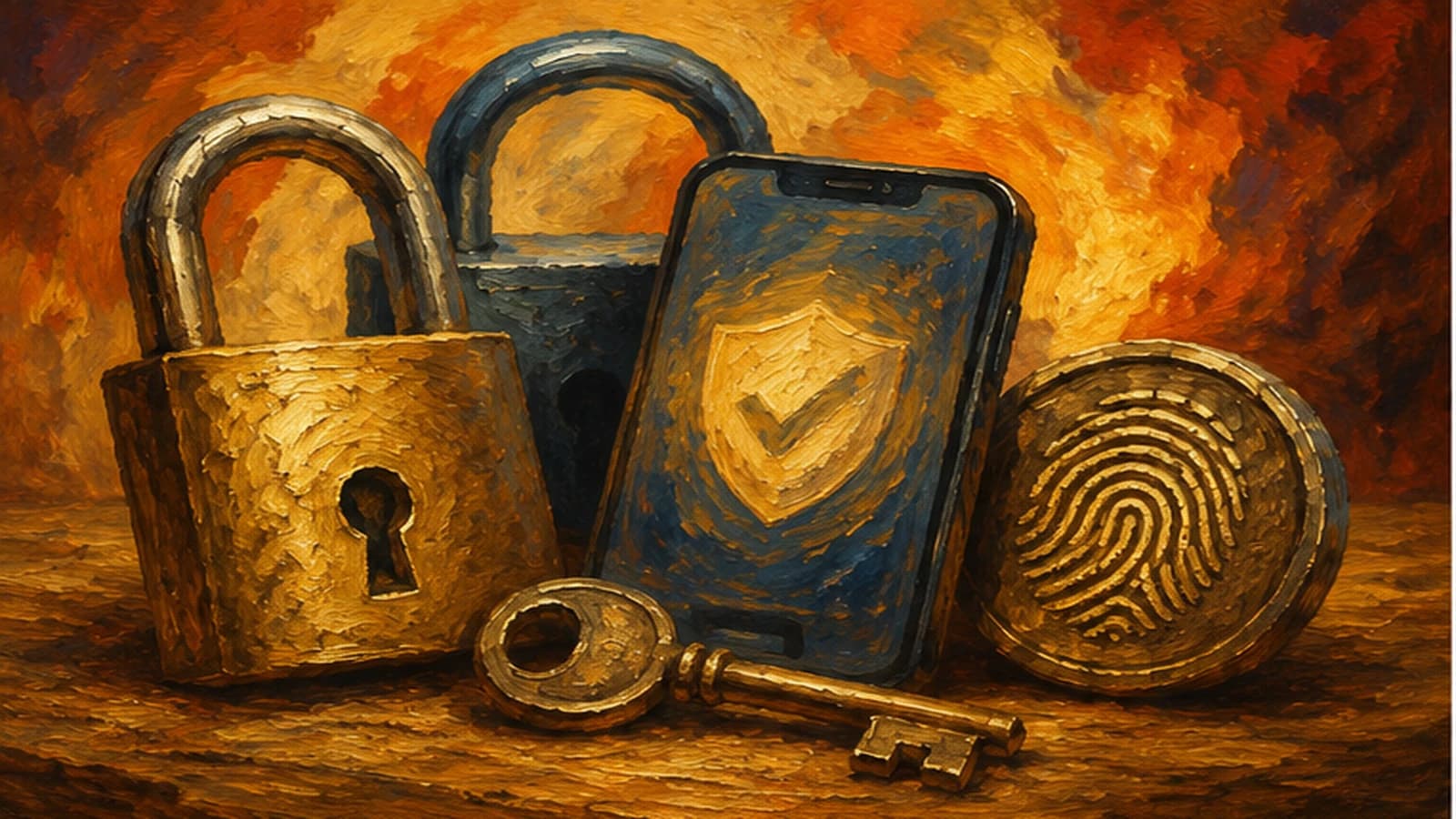 An oil-painting still life on a wooden table lit by warm amber firelight: a silver padlock and a dark blue padlock, a smartphone showing a shield-and-checkmark security icon, and a coin-shaped disc engraved with a fingerprint, with a small brass key resting in front — representing MFA's factor types: something you have, something you are, something you know.