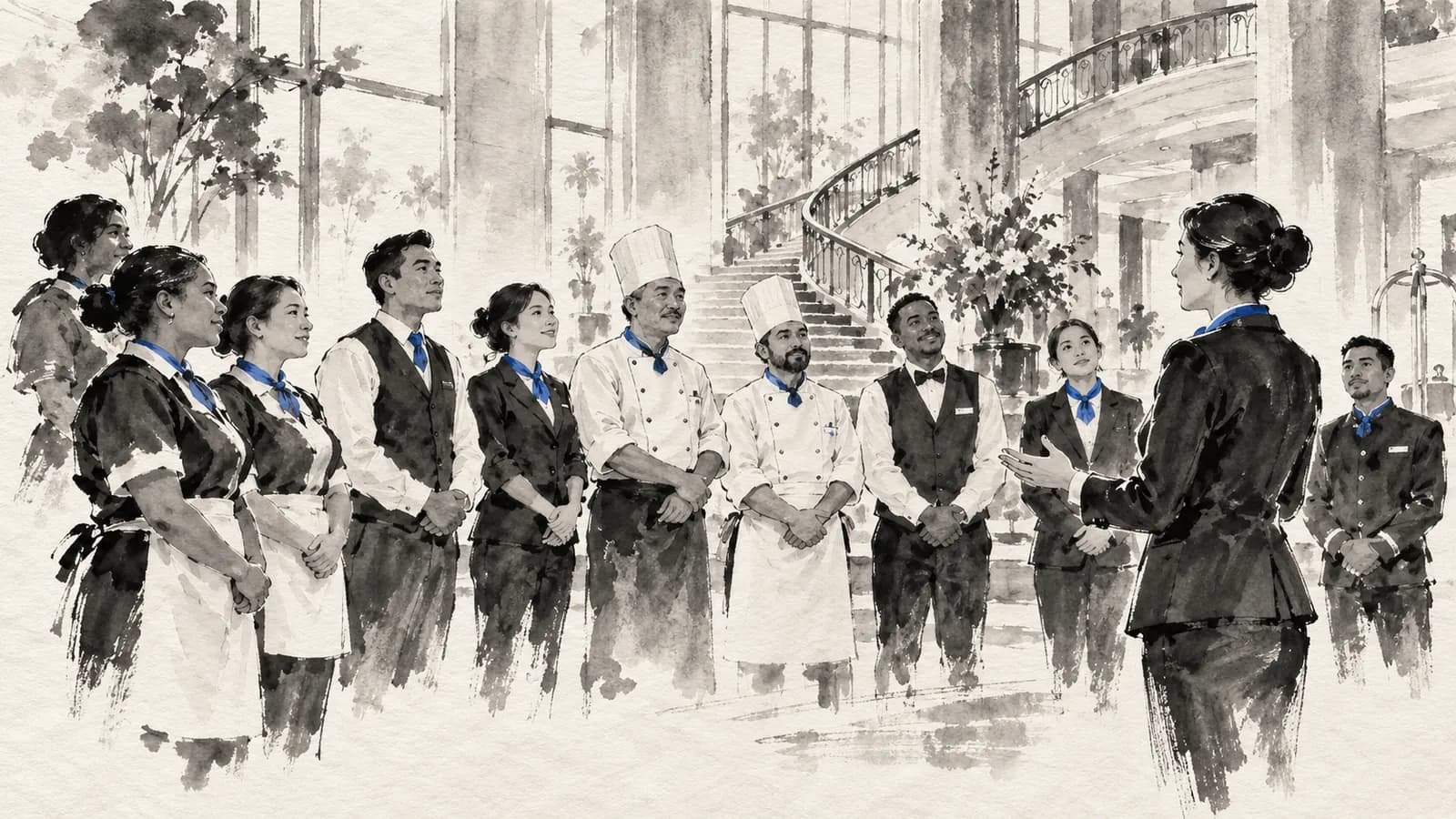A Japanese sumi-e ink wash in black and grey on rice paper, with no text and one accent color, blue on the staff neckerchiefs. In a grand hotel lobby, housekeepers, front-desk clerks, chefs and porters of many ages and backgrounds stand in a loose semicircle at a morning briefing as a manager explains, one open hand raised.
