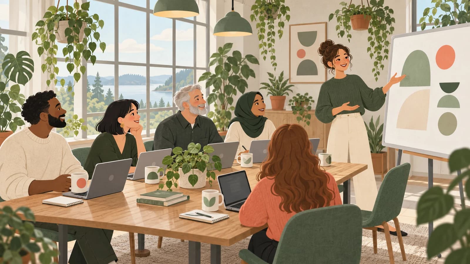 A Scandinavian flat folk illustration in sage green, cream and soft grey with small coral accents and a subtle paper texture, with no text. In a bright, plant-filled office on their first day, a small group of new hires sits around a long table with welcome mugs and fresh laptops, while a team lead stands at a whiteboard that shows only simple shapes.