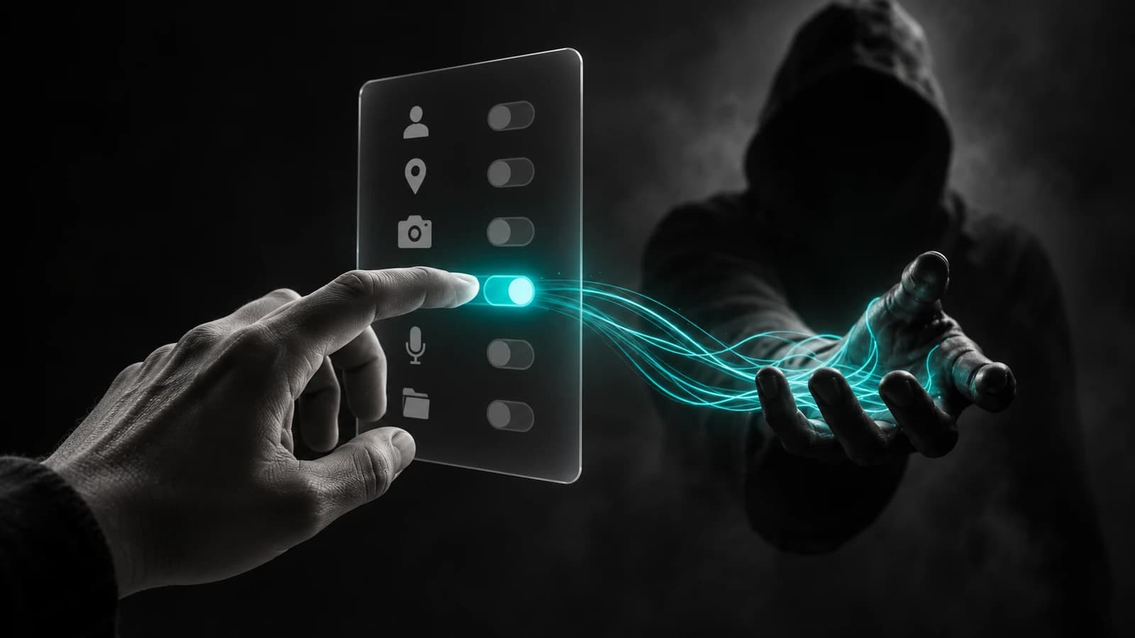 A high-contrast greyscale surreal photographic scene with a single cyan accent: a hand about to tap a glowing cyan grant-access toggle on a floating permission dialog, with cyan-lit strands running from the dialog into a shadowy figure's outstretched hand, conveying a user consenting to hand the keys to an attacker rather than a break-in.