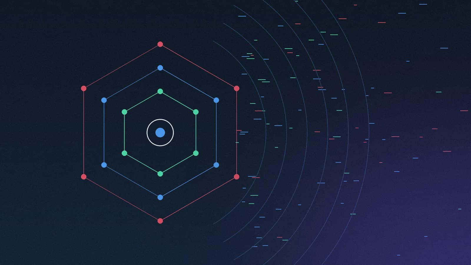 Abstract dark-navy hero for OTP security under NIST SP 800-63B — three concentric hexagonal authenticator rings in red, cyan, and green orbit a bright central verifier core while a stream of one-time-password code fragments dissolves outward to the right past faint signal arcs, with a violet glow in the lower-right corner. A metaphor for OTP codes rate-limited and expiring at the verifier.