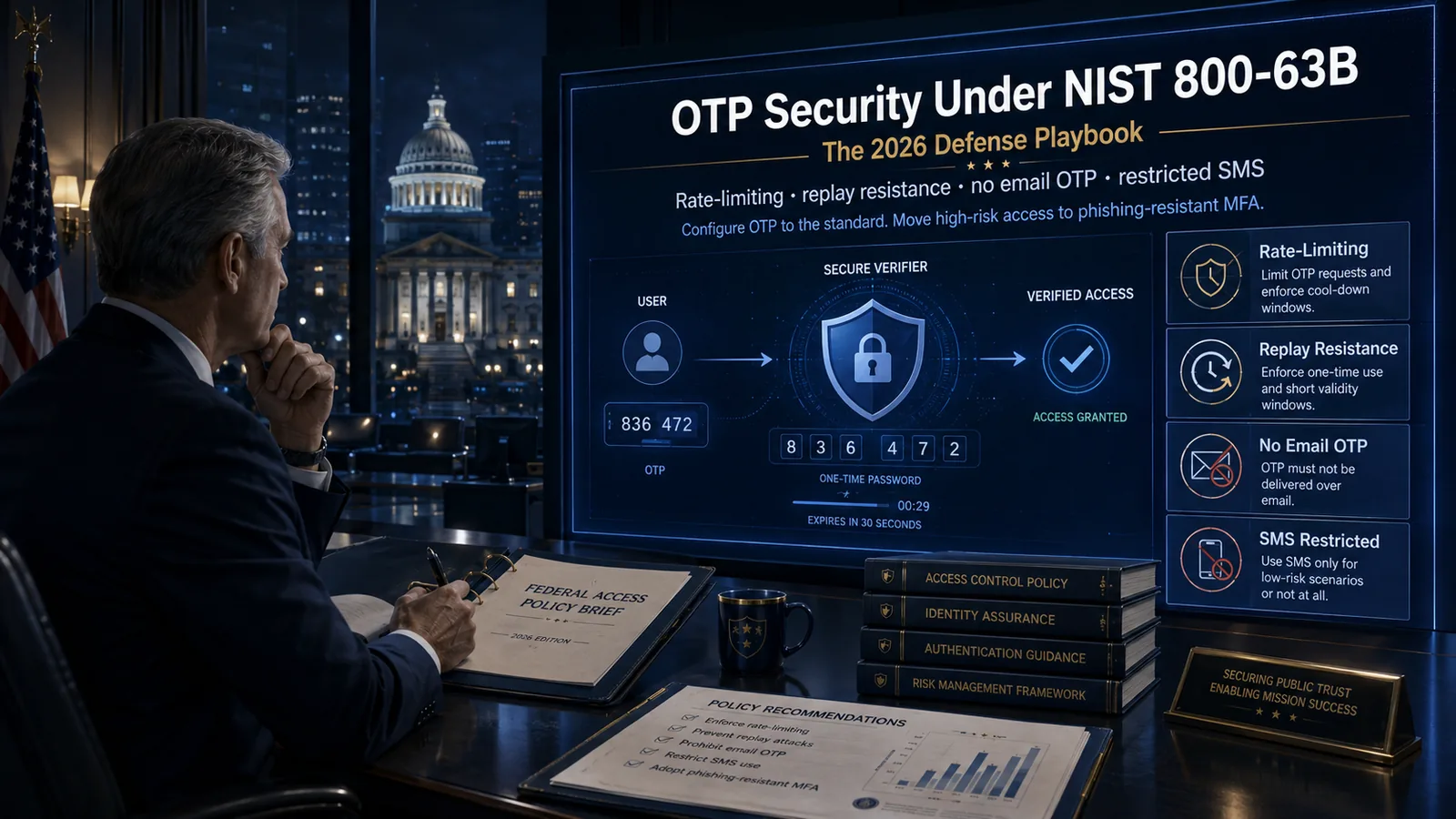 Title card for a 2026 guide to OTP security under NIST SP 800-63B: an executive before a wall screen headed The 2026 Defense Playbook, showing a central verifier granting access to a one-time password beside four control cards — rate-limiting, replay resistance, no email OTP, and SMS restricted.