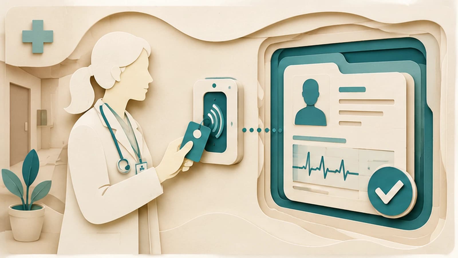 Abstract dark-navy rendering of clinical passwordless access — a stylized badge or security key held near a workstation terminal, cyan and green authentication traces connecting the credential to an electronic health record session, with a soft violet glow suggesting the always-on nature of a hospital network. No text or labels in the image.