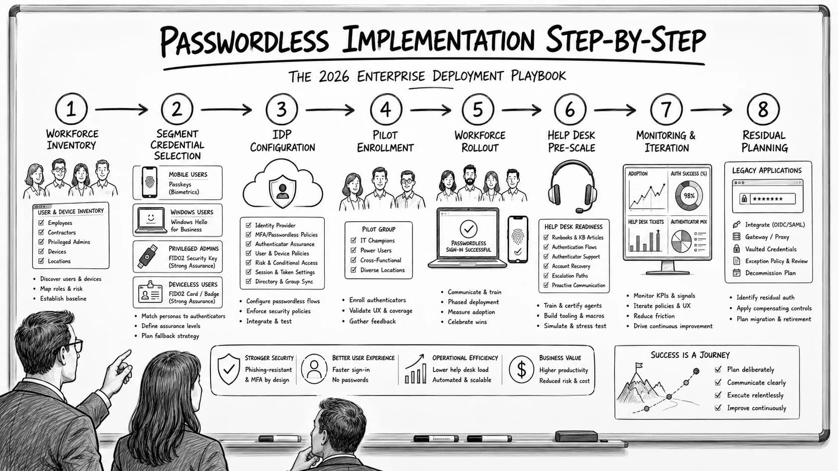 Passwordless implementation step-by-step enterprise 2026 deployment playbook — the eight-step deployment sequence (workforce inventory and segmentation, credential-class selection per segment mapping platform passkeys to smartphone workforce and Windows Hello for Business to Windows workstations and hardware FIDO2 for privileged step-up and deviceless FIDO2 via Identity Challenge Card for smartphone-unavailable segments, IdP configuration for Conditional Access and passkey enrollment policy, pilot enrollment with 5-15% of workforce, workforce rollout with change management and role-targeted communication, help desk pre-scaling for first 90 days of cutover, monitoring and iteration against pilot feedback, and passwordless-fallback residual planning for legacy applications and service accounts), the go/no-go criteria at each phase gate, and the deployment discipline that produces successful passwordless rollout at workforce scale.