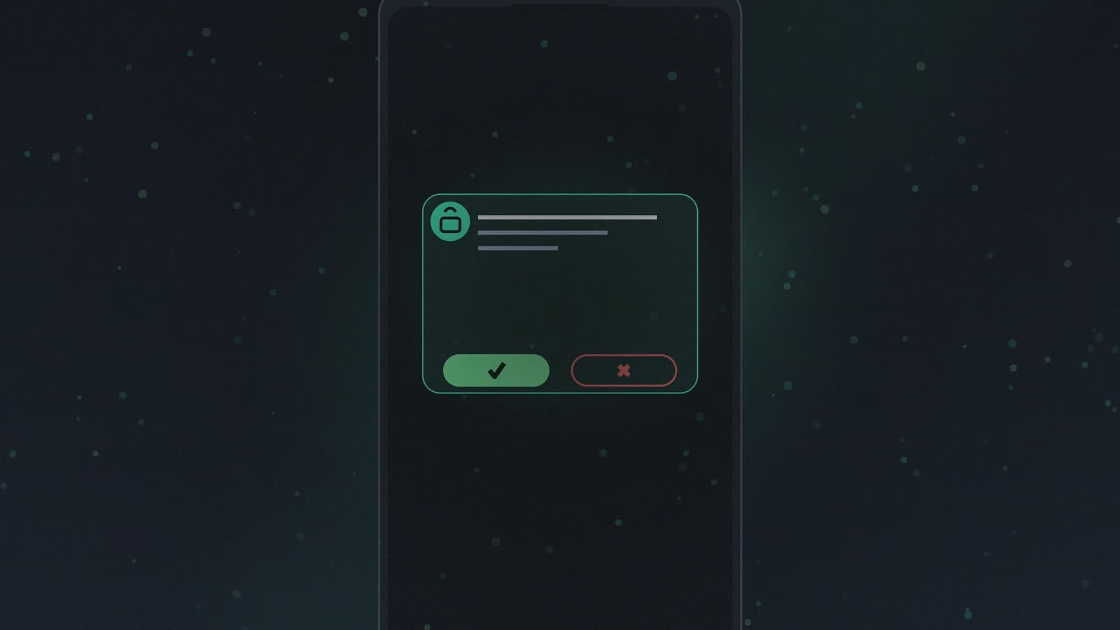 A smartphone screen glowing with teal-green light in a dark cinematic frame, displaying an approve/deny push-authentication prompt mid-notification, held like a film still against a deep navy-black background — evoking the moment a user decides whether to trust an unexpected sign-in request on their device.