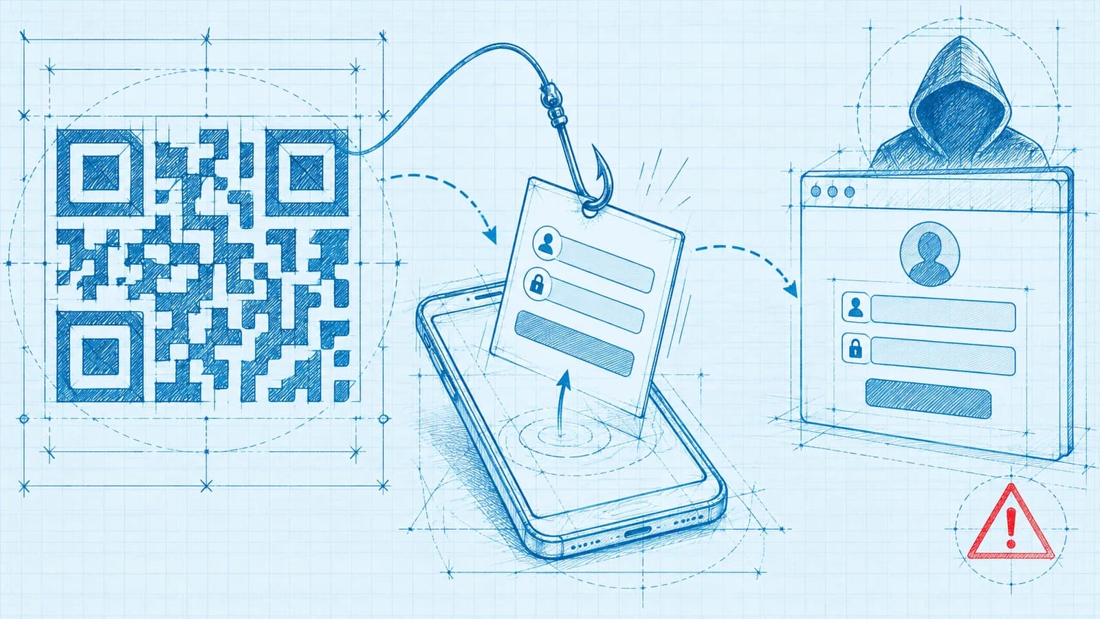 A cool blueprint-style whiteboard sketch in cyan line-work on pale blue: a large QR code with a fishing hook and line pulls a login credential card off a smartphone, an arrow leading to a fake sign-in page watched by a hooded figure, with a red warning triangle, conveying a malicious QR code luring a login.