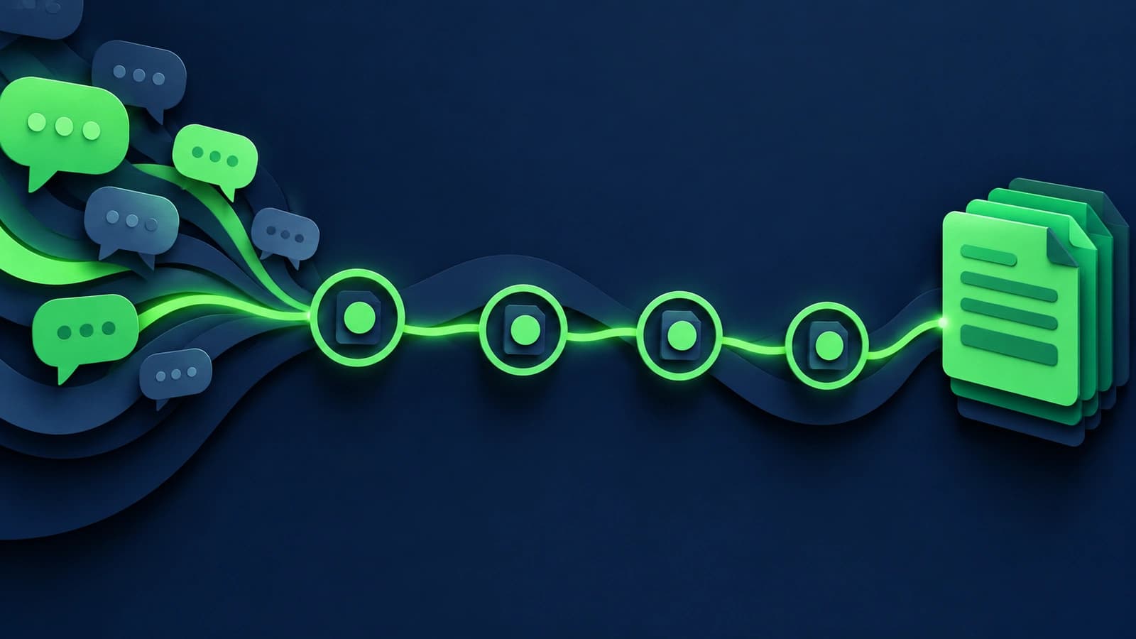 Abstract illustration of a governed access request moving through a workplace chat: a glowing message thread on the left flows through luminous checkpoints for identity verification, policy and role checks, and approver sign-off, then resolves into an access grant and a stacked evidence record, on a deep navy field with cyan, green, and soft violet light.