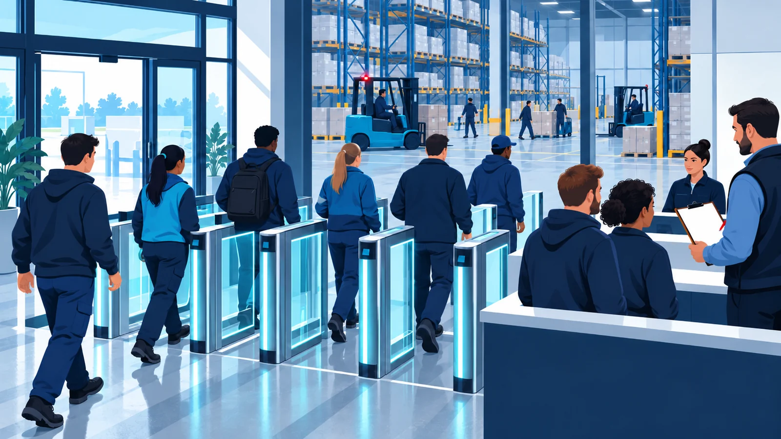A flat vector illustration in navy, cyan and white, with no text. At the entrance of a modern distribution warehouse at shift start, most workers walk through a row of glowing glass turnstiles, while a few wait at a side counter where a supervisor holds a clipboard with a blank list. Forklifts and tall shelving fill the background.