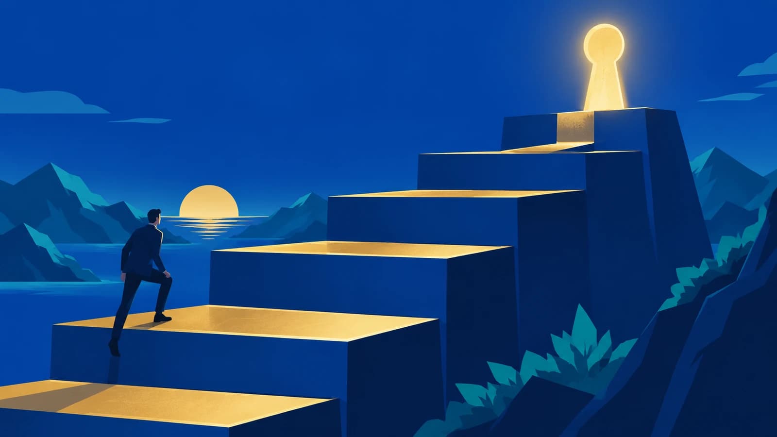 A bold flat-vector scene on a deep cobalt-blue ground with gold accents: a figure climbs a series of ascending tiered platforms whose treads glow gold, rising toward a single luminous gold keyhole at the top — a stylized sense of access levels, and the proof they demand, rising with the stakes.