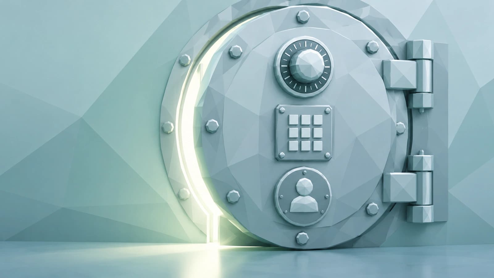 A low-poly geometric 3D render in mint, aqua, pale slate and white, with no text. A large round vault door, slightly ajar with soft light spilling from its edge, is secured by three different locks in a column: a combination dial, a keypad plate with blank keys, and a round plate showing a person silhouette.