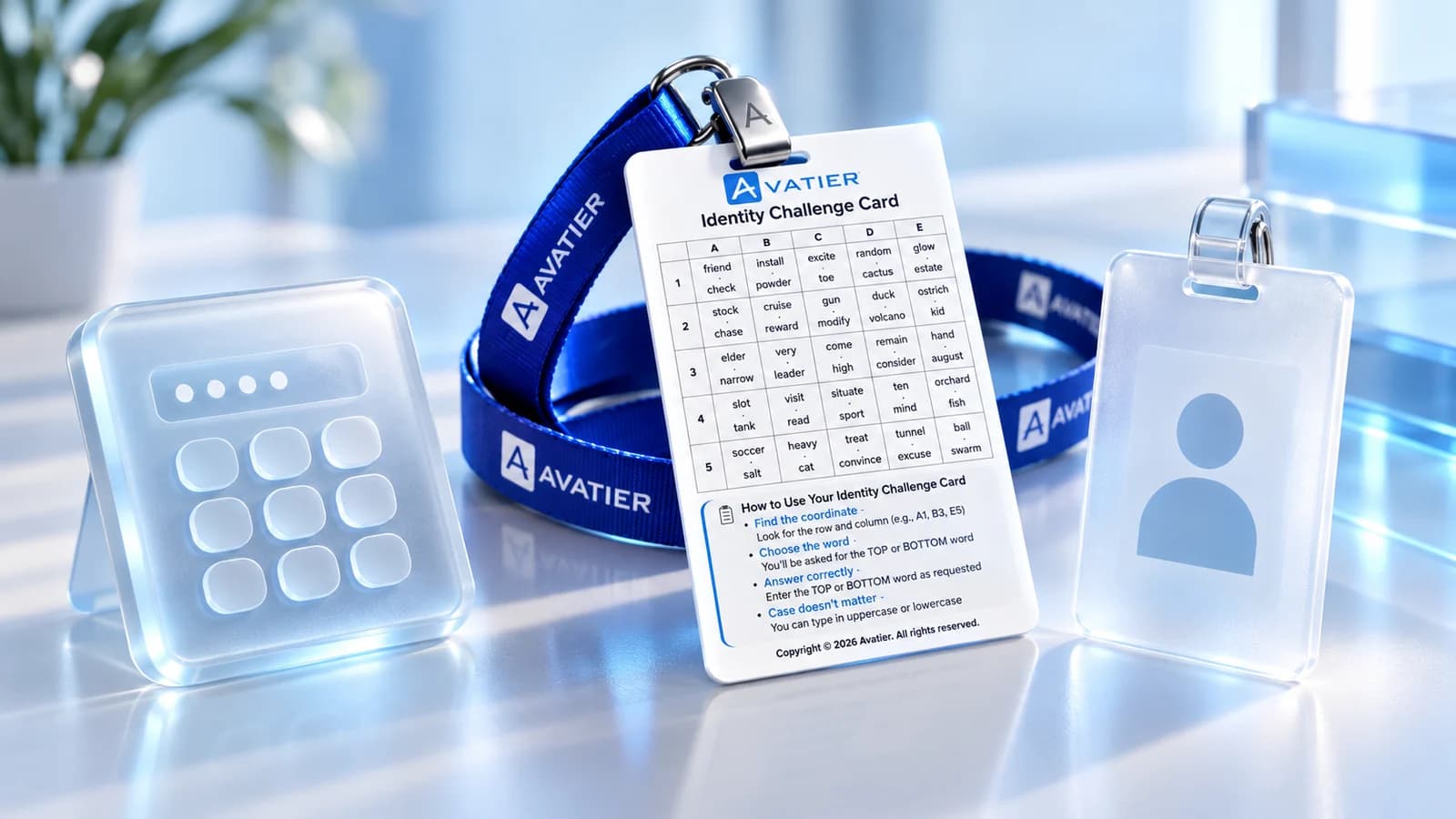 A soft frosted-glass 3D still life in aqua, white, and soft blue. On a bright desk, the Avatier Identity Challenge Card on its blue Avatier lanyard stands between a frosted keypad with masked dots and a plain employee ID badge, representing the card, the PIN, and the identity anchor.