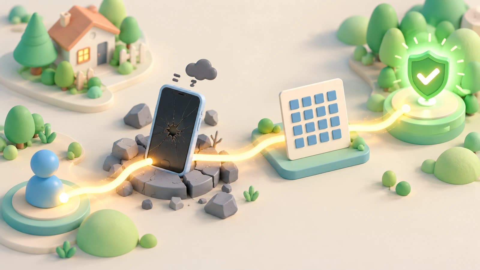 Abstract dark-navy composition of a glowing cyan authentication pathway that continues unbroken past a fractured, dimmed phone silhouette, carried forward by a luminous grid of small tiles that suggests a printed challenge card, with green verification light at the far end of the path and a soft violet glow in the lower right corner.