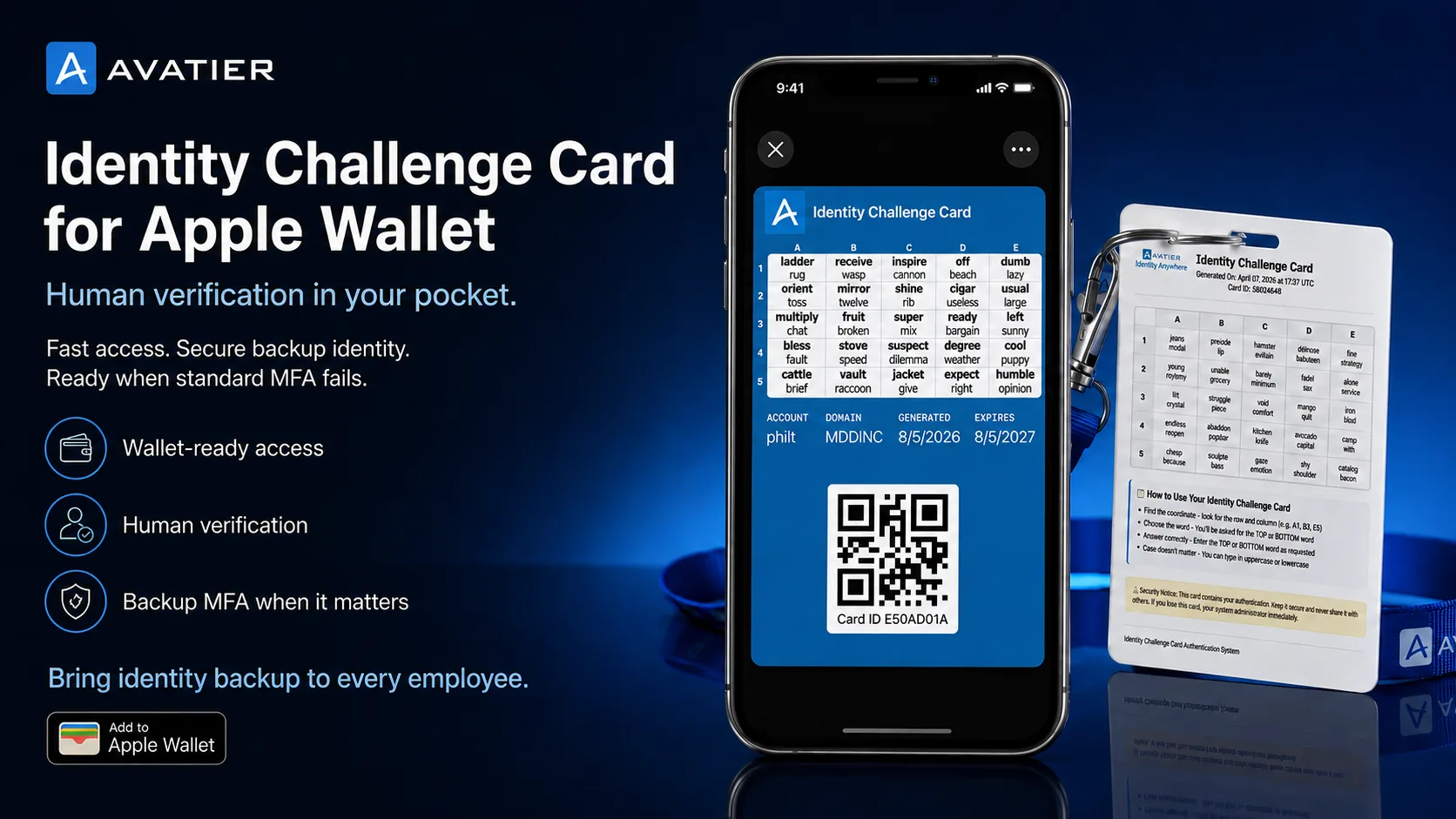 The Identity Challenge Card shown two ways: on an iPhone in Apple Wallet, displaying a five-by-five grid of word pairs with columns A to E and rows 1 to 5, the account and domain, generated and expiry dates, and a card ID barcode — and beside it the same card as a printed badge on a lanyard, carrying its own word grid and step-by-step instructions for finding a coordinate and reading back the top or bottom word.