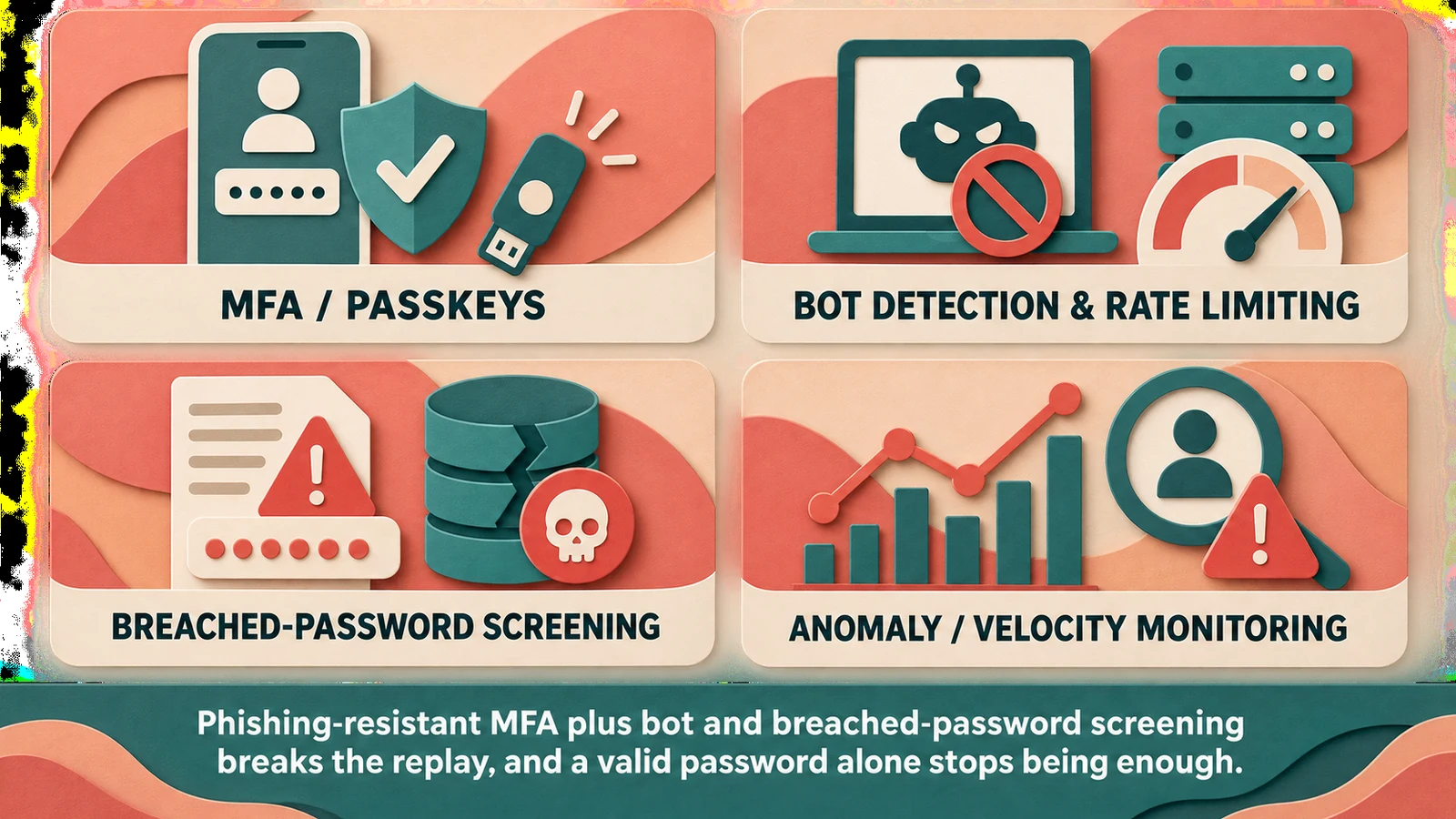 Defenses against credential stuffing: MFA and passkeys, bot detection and rate limiting, breached-password screening, anomaly and velocity monitoring.