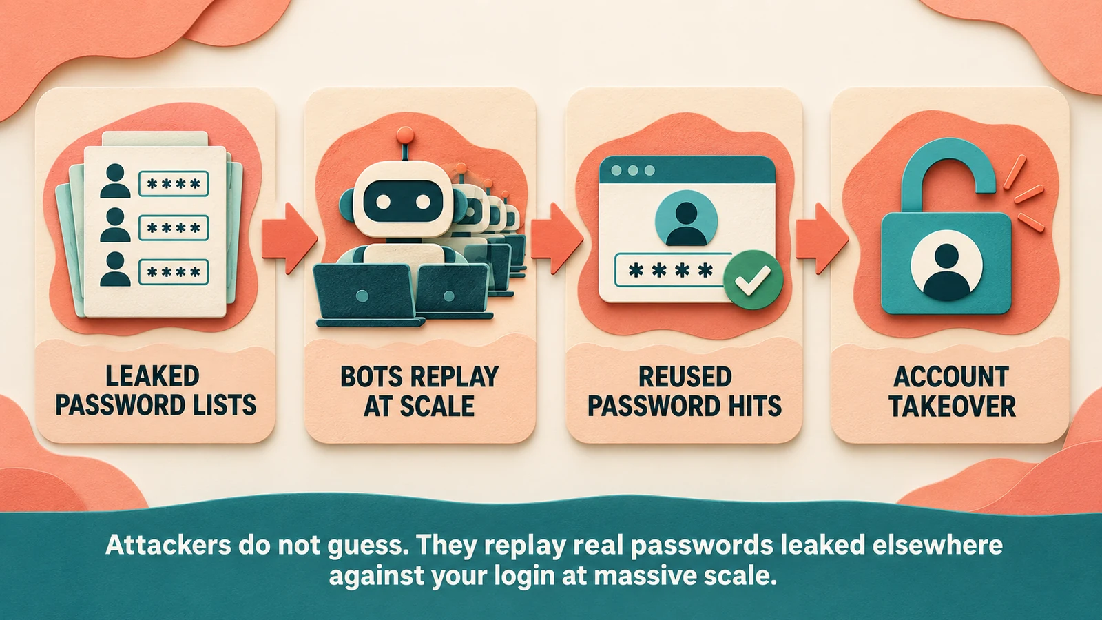 Credential stuffing attack chain: leaked password lists, bots replay at scale, reused password hits, account takeover.