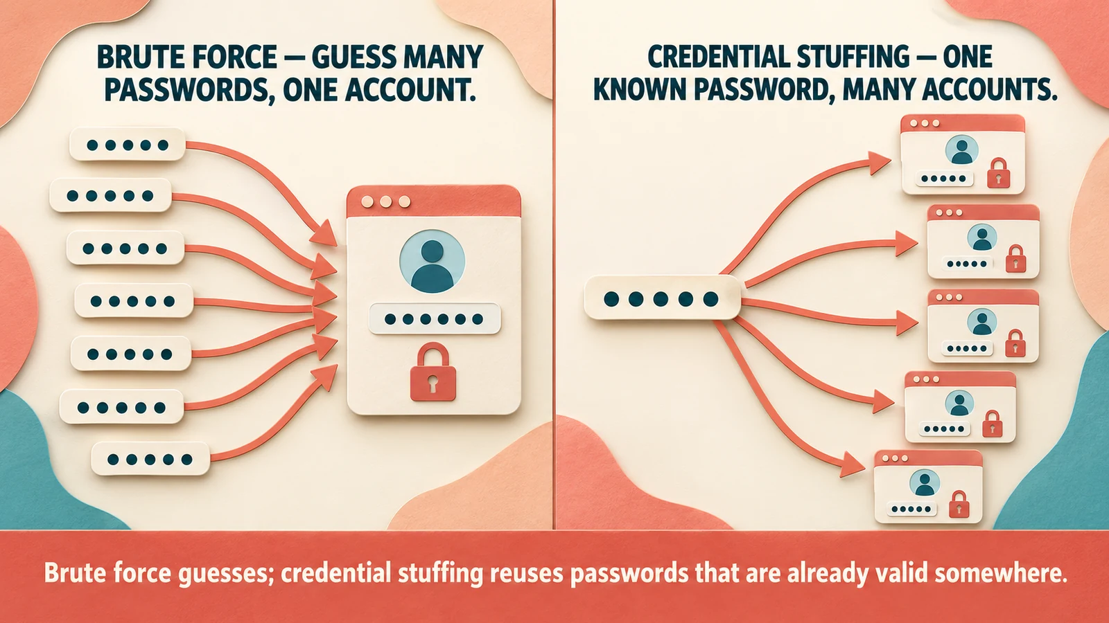 Brute force guesses many passwords against one account; credential stuffing replays one known password across many accounts.