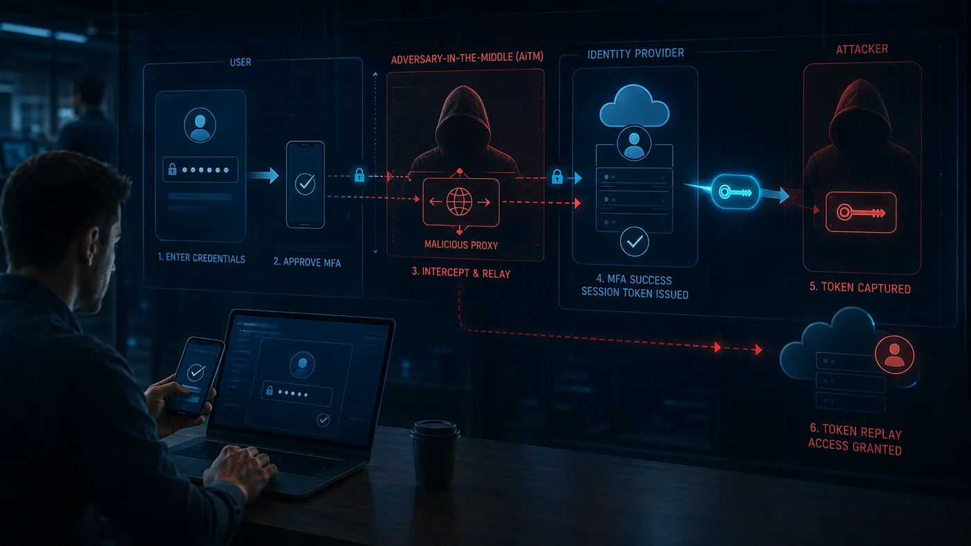 Adversary-in-the-middle attack flow: user enters credentials, approves MFA, the AiTM proxy intercepts and relays the authentication, captures the issued session token, and replays it for unauthorized access.