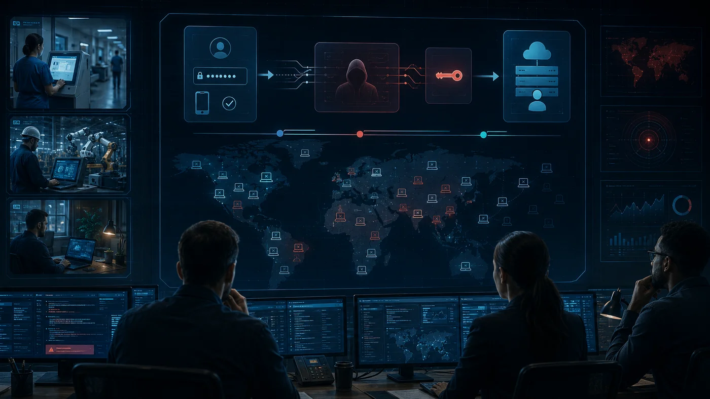 A global security operations center scene with identity flows under attack — token issuance, credential reuse, and a world map showing distributed targets.