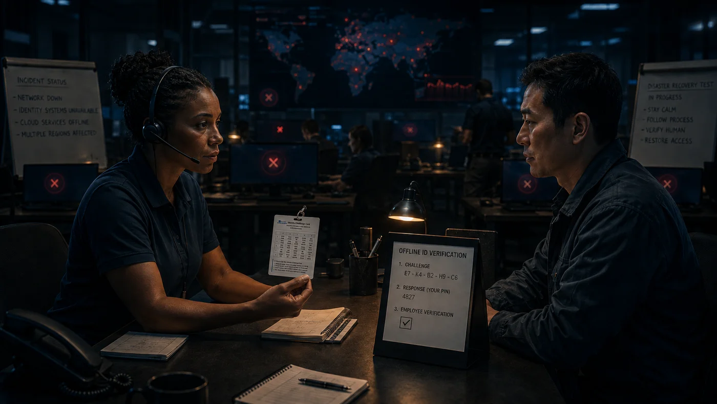 A service desk operator and a user across a desk in a dim operations room, screens showing offline indicators — the moment the identity-system-offline test actually gets run.