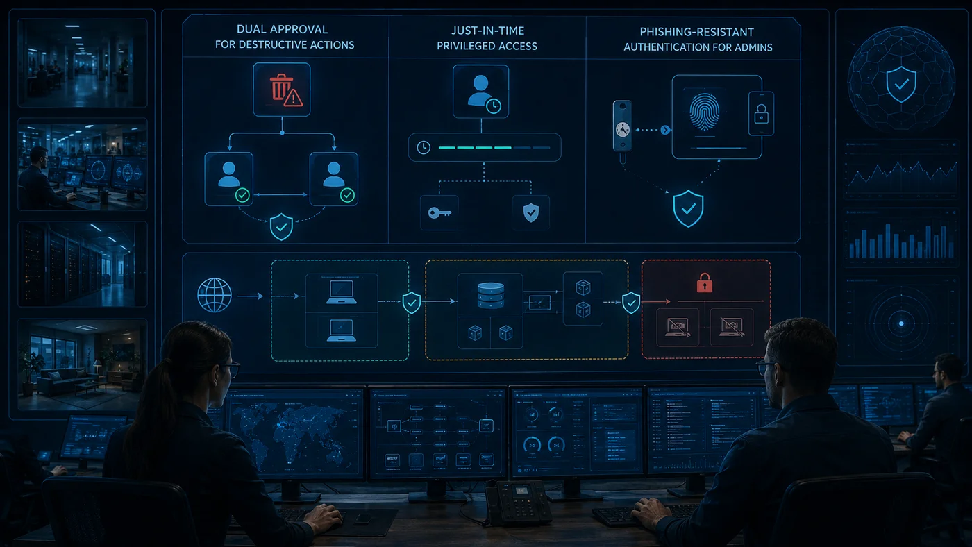 Three controls that would have stopped the Stryker attack, shown as a three-column diagram: dual approval for destructive actions, just-in-time privileged access, and phishing-resistant authentication for administrators.