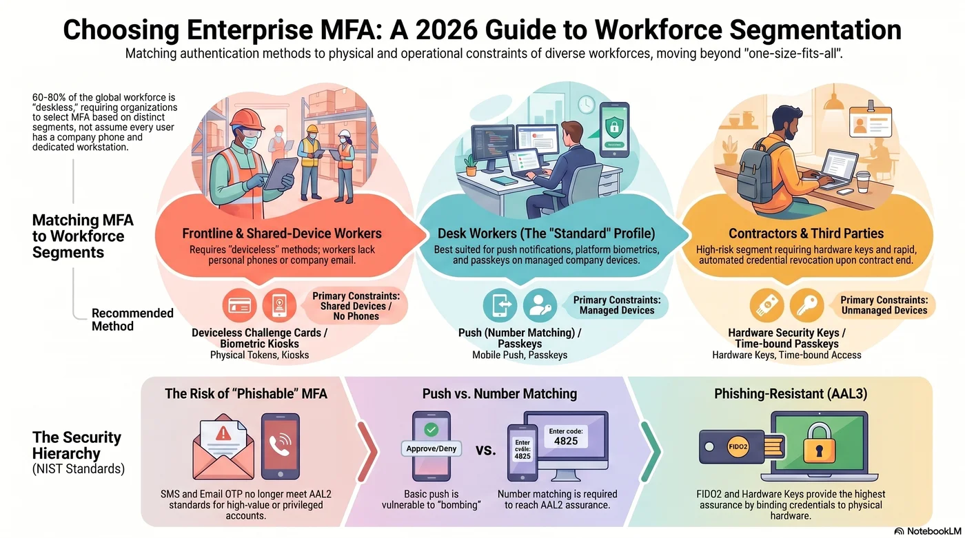 Choosing enterprise MFA in 2026: matching authentication methods to four workforce segments (frontline & shared-device, desk workers, contractors, third parties) alongside the NIST security hierarchy from phishable MFA up to phishing-resistant AAL3.