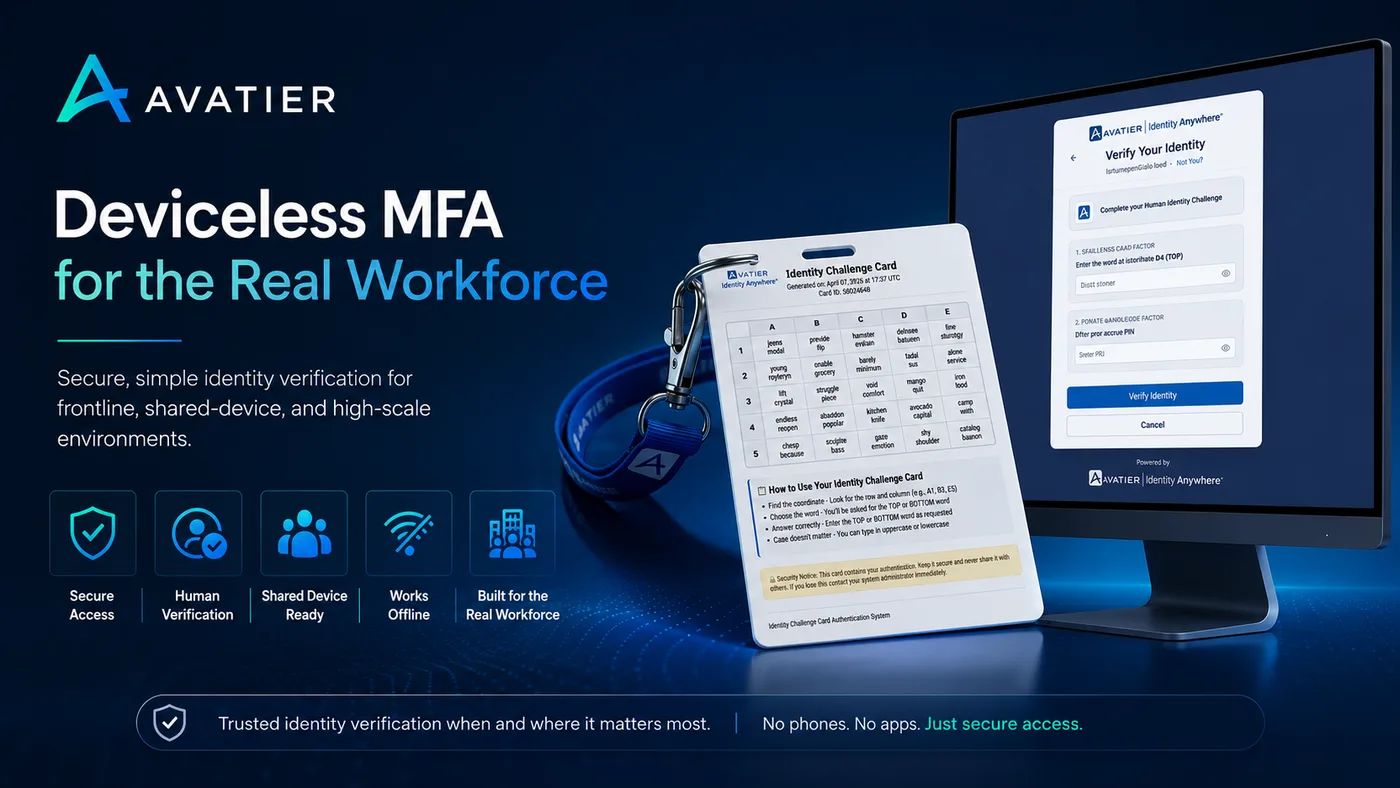 Avatier Identity Anywhere MFA: deviceless authentication for frontline, shared-device, and high-scale environments — including the Identity Challenge Card.